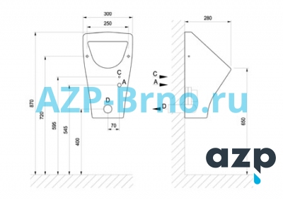 Писсуар EGERIA (ЭГЭРИЯ) Hybner с автоматическим смывом INTELLIGENT IQ AUP 43 AZP Brno Чехия (фото, схема)